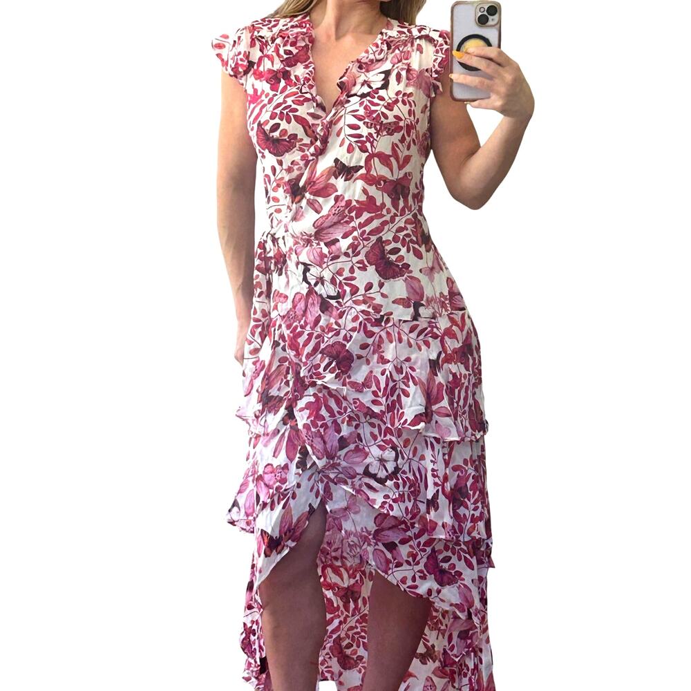 Hale Bob Butterfly Botanical Wrap Dress S Pink Asymmetrical Ruffle High Low Hem - Picture 2 of 6
